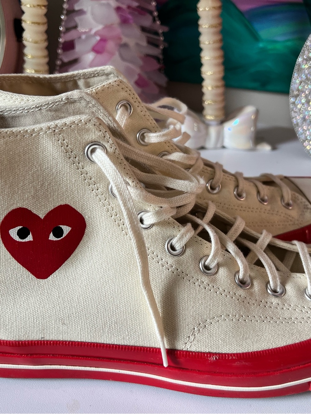Converse Cream Canvas High-Top with Red and Black details and heart